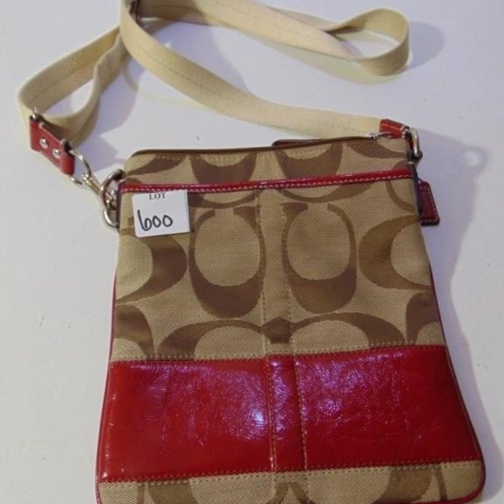 Coach Swingpack 7 x 8 Crossbody Khaki Brown Red Vinyl Stripe Handbag Purse Tote - Picture 2 of 5